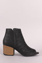 Load image into Gallery viewer, Qupid Perforated Peep Toe Chunky Heeled Ankle Boots