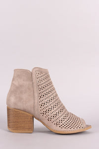 Qupid Perforated Peep Toe Chunky Heeled Ankle Boots